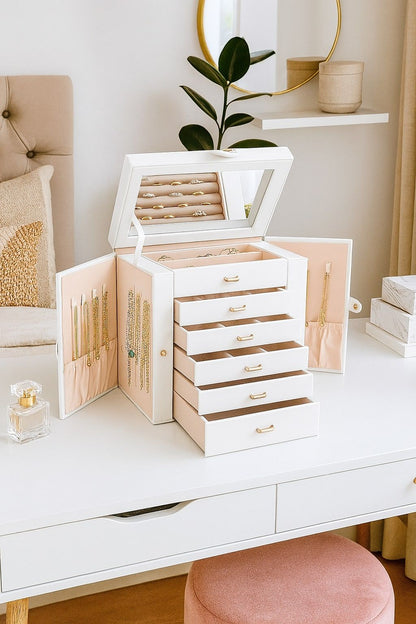 CARLA HOME 6-Layer Large Jewelry Box for Women withDrawers, Mirror, Lock, Necklace Hooks & Side Compartments V178-36226