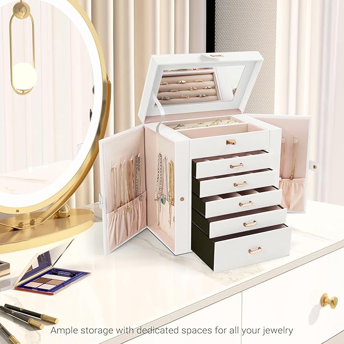 CARLA HOME 6-Layer Large Jewelry Box for Women withDrawers, Mirror, Lock, Necklace Hooks & Side Compartments V178-36226