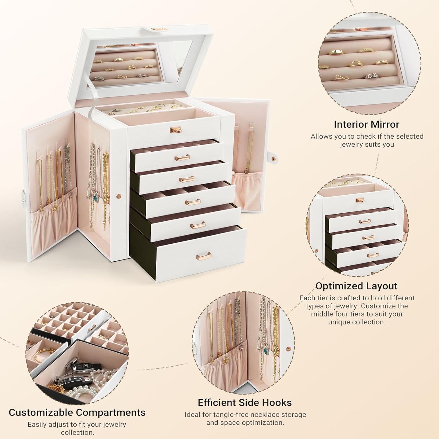 CARLA HOME 6-Layer Large Jewelry Box for Women withDrawers, Mirror, Lock, Necklace Hooks & Side Compartments V178-36226