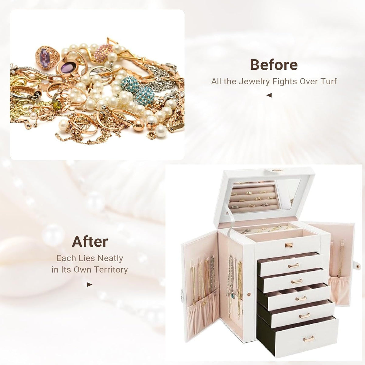 CARLA HOME 6-Layer Large Jewelry Box for Women withDrawers, Mirror, Lock, Necklace Hooks & Side Compartments V178-36226