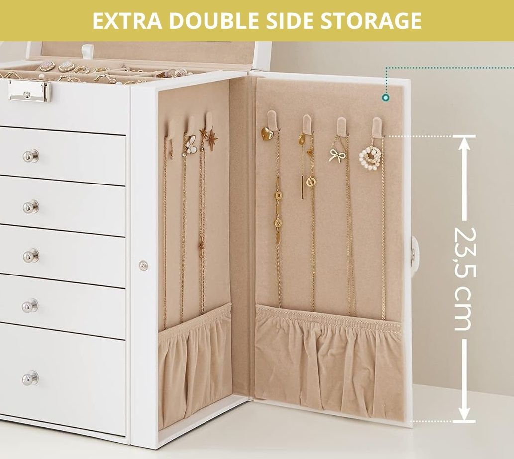 CARLA HOME 6-Layer Large Jewelry Box for Women withDrawers, Mirror, Lock, Necklace Hooks & Side Compartments V178-36226