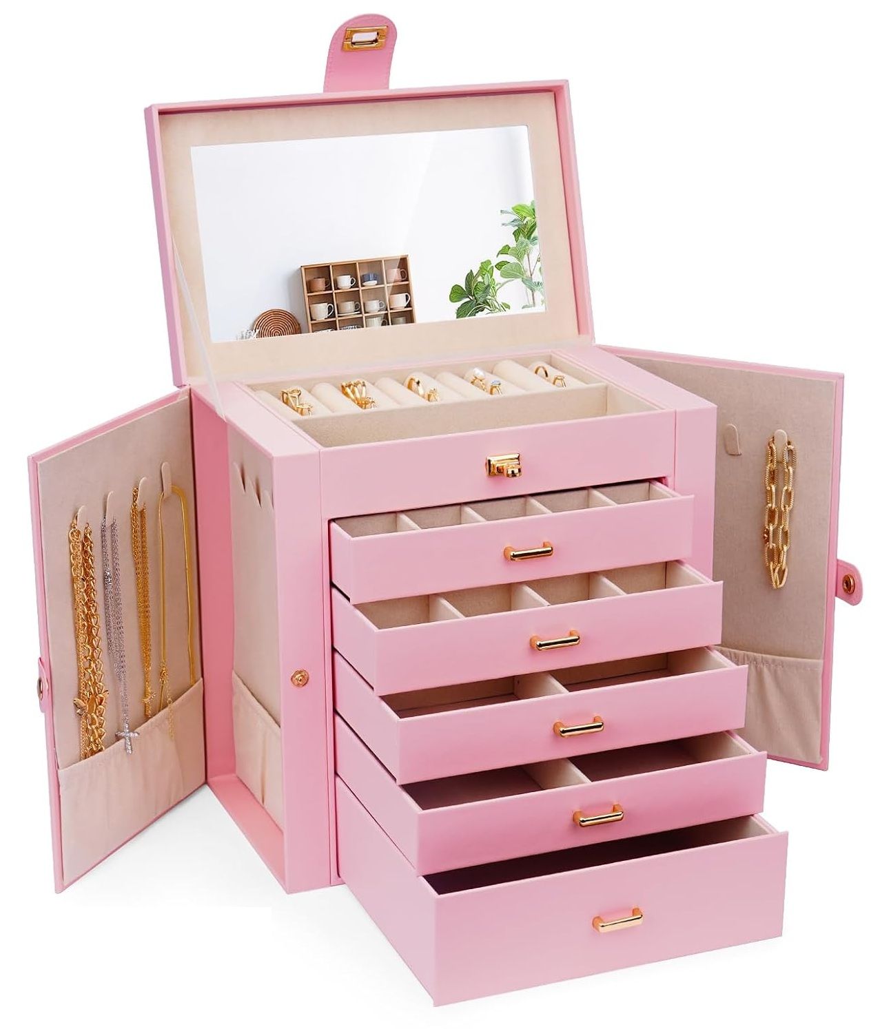 CARLA HOME 6-Layer Large Jewelry Box for Women withDrawers, Mirror, Lock, Necklace Hooks & Side Compartments V178-36227