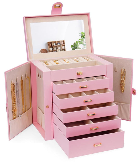 CARLA HOME 6-Layer Large Jewelry Box for Women withDrawers, Mirror, Lock, Necklace Hooks & Side Compartments V178-36227