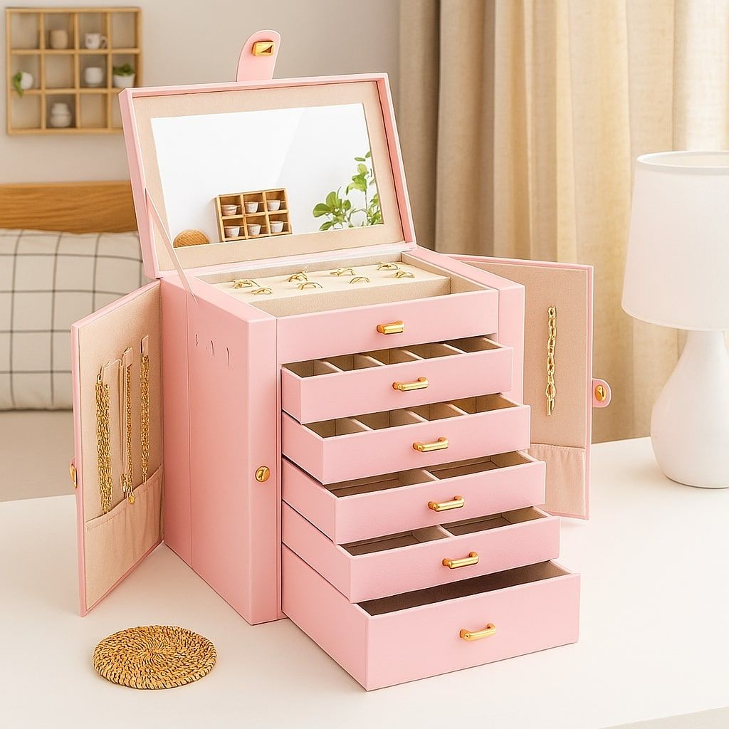 CARLA HOME 6-Layer Large Jewelry Box for Women withDrawers, Mirror, Lock, Necklace Hooks & Side Compartments V178-36227