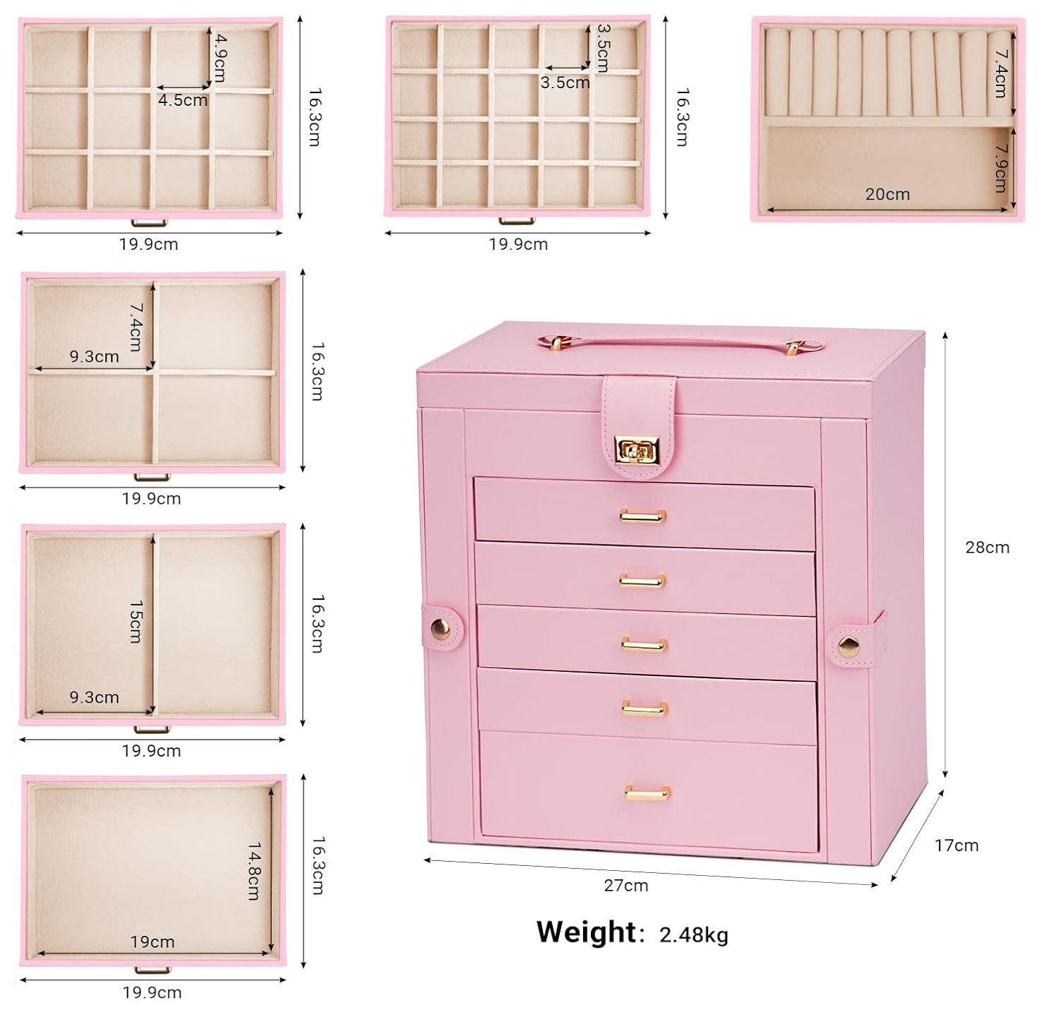 CARLA HOME 6-Layer Large Jewelry Box for Women withDrawers, Mirror, Lock, Necklace Hooks & Side Compartments V178-36227