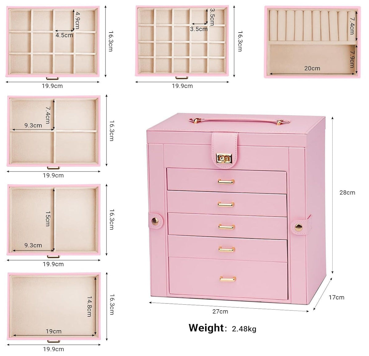 CARLA HOME 6-Layer Large Jewelry Box for Women withDrawers, Mirror, Lock, Necklace Hooks & Side Compartments V178-36227