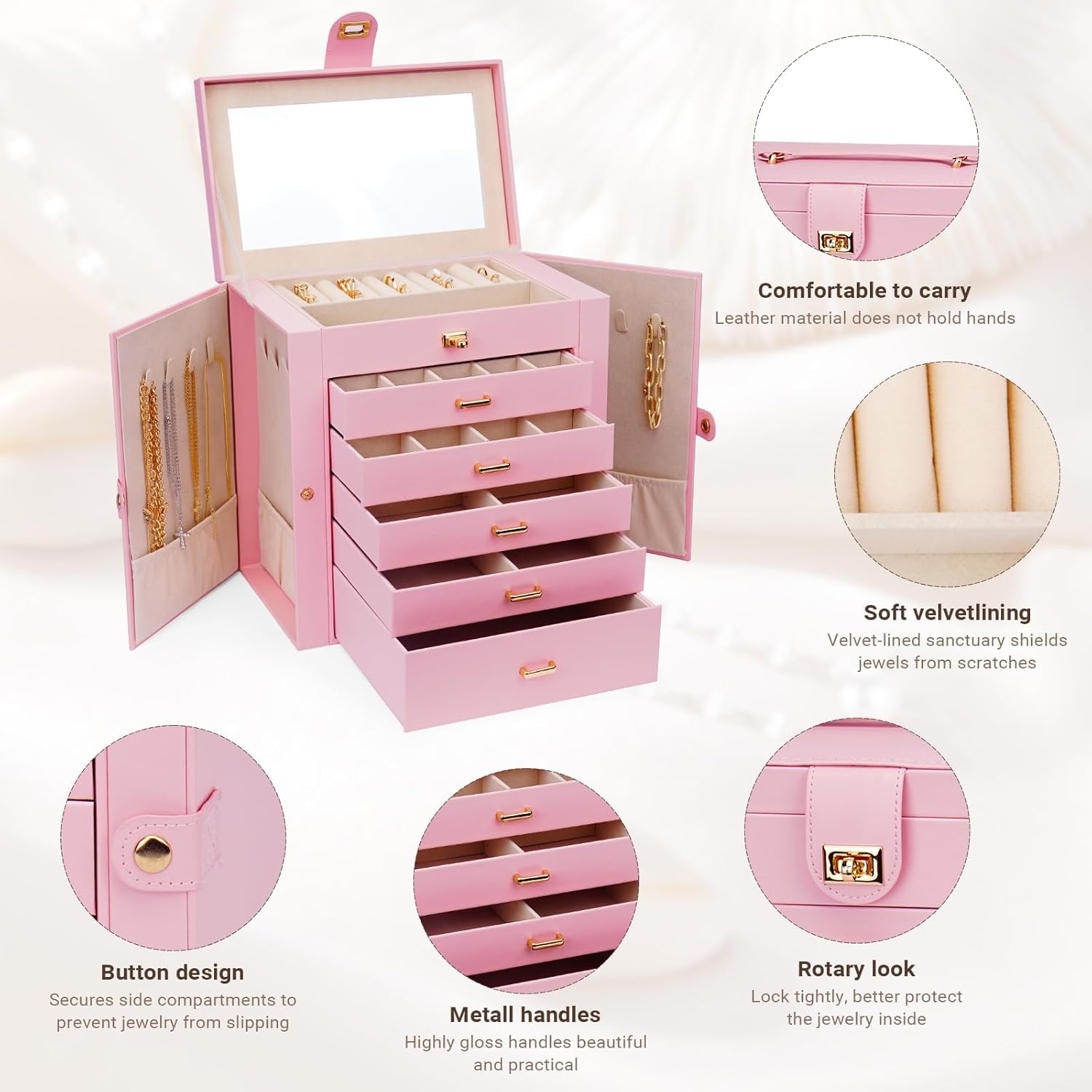 CARLA HOME 6-Layer Large Jewelry Box for Women withDrawers, Mirror, Lock, Necklace Hooks & Side Compartments V178-36227