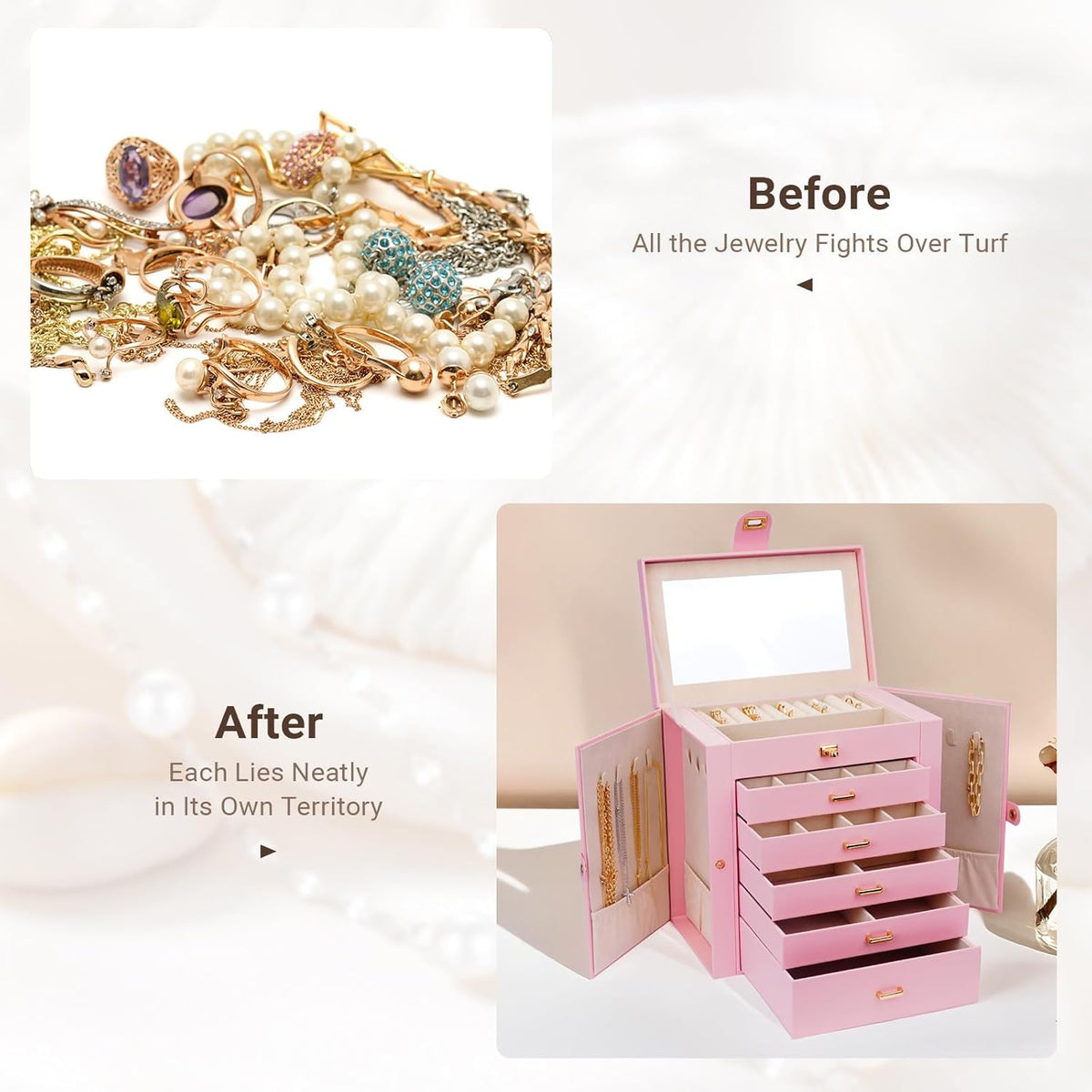 CARLA HOME 6-Layer Large Jewelry Box for Women withDrawers, Mirror, Lock, Necklace Hooks & Side Compartments V178-36227