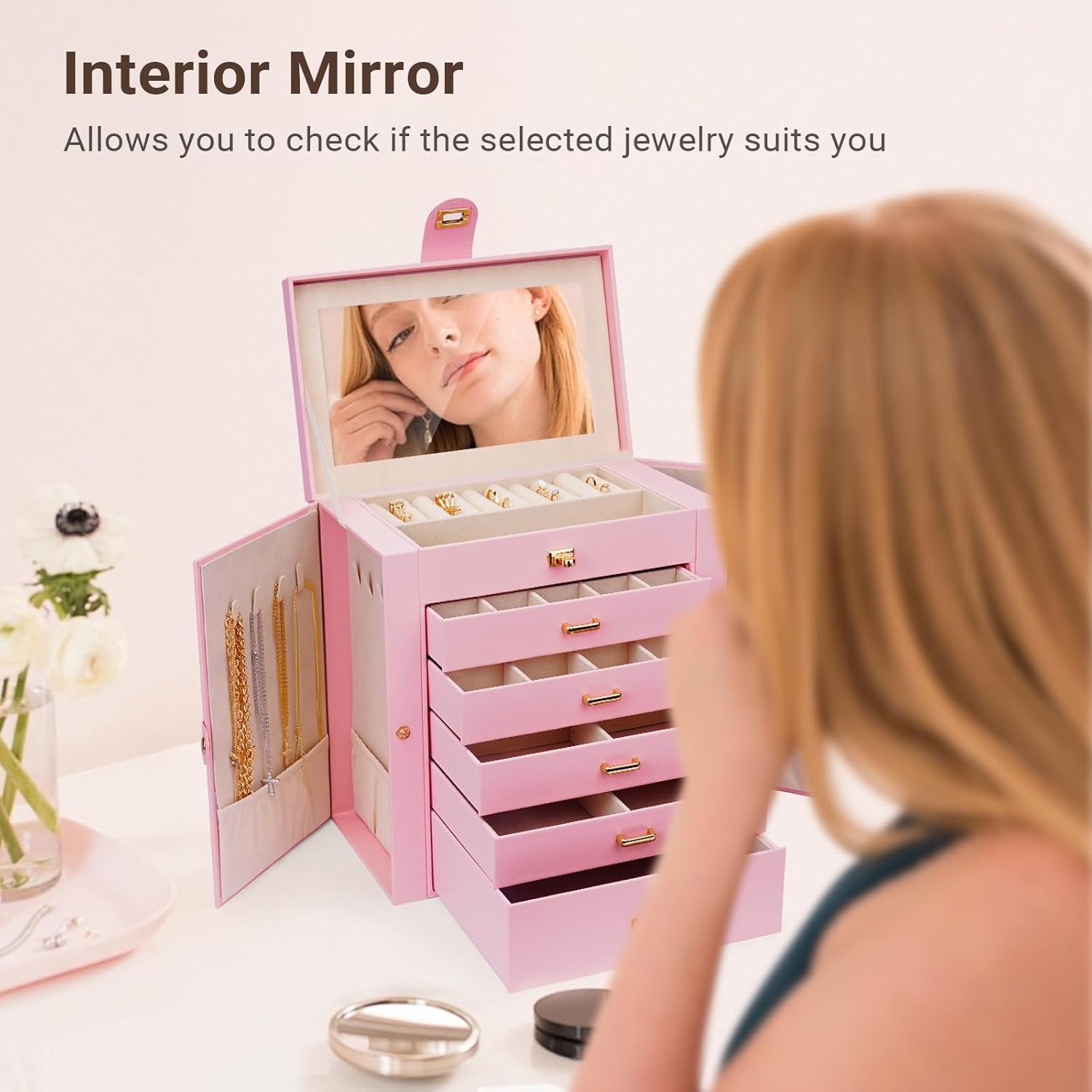 CARLA HOME 6-Layer Large Jewelry Box for Women withDrawers, Mirror, Lock, Necklace Hooks & Side Compartments V178-36227