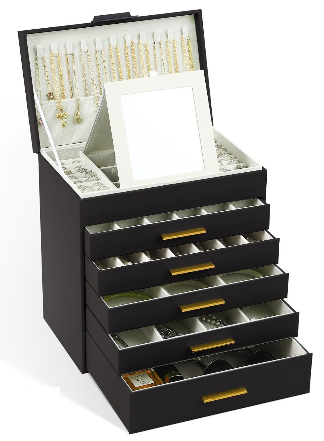 CARLA HOME 6-Layer Large Jewelry Organizer Box for Women with Mirror, Drawers, Hooks & Dividers for Rings, V178-36228