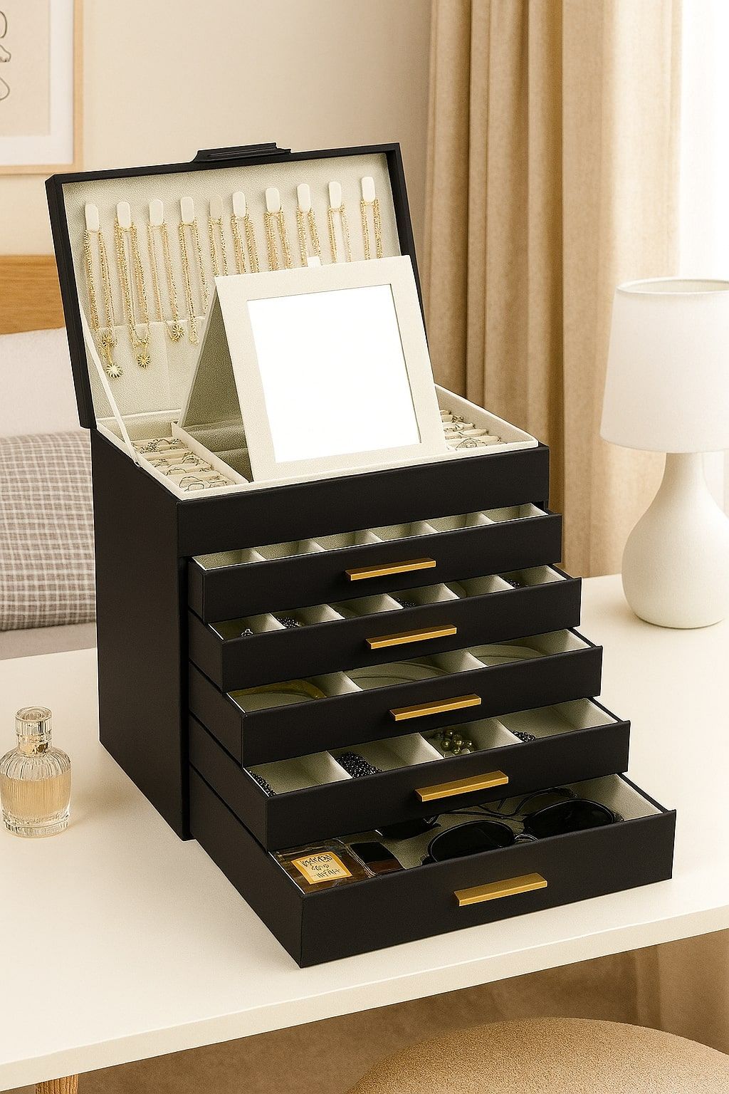CARLA HOME 6-Layer Large Jewelry Organizer Box for Women with Mirror, Drawers, Hooks & Dividers for Rings, V178-36228