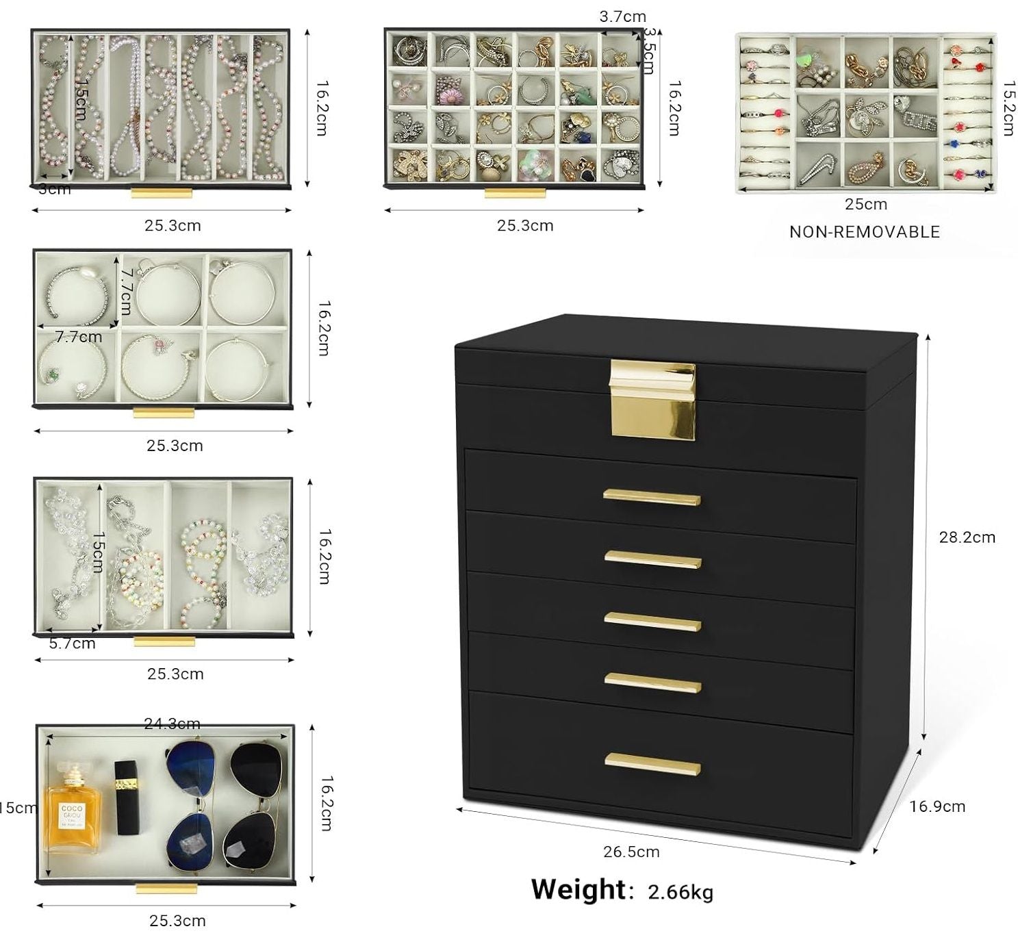 CARLA HOME 6-Layer Large Jewelry Organizer Box for Women with Mirror, Drawers, Hooks & Dividers for Rings, V178-36228