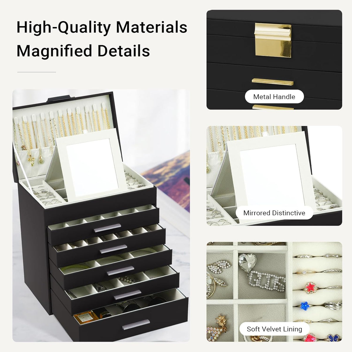 CARLA HOME 6-Layer Large Jewelry Organizer Box for Women with Mirror, Drawers, Hooks & Dividers for Rings, V178-36228