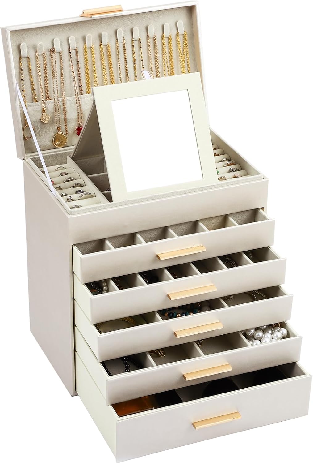 CARLA HOME 6-Layer Large Jewelry Organizer Box for Women with Mirror, Drawers, Hooks & Dividers for Rings, V178-36229
