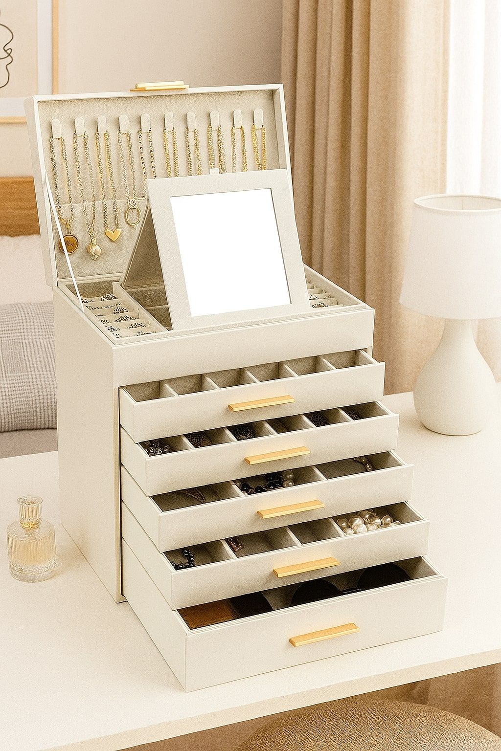 CARLA HOME 6-Layer Large Jewelry Organizer Box for Women with Mirror, Drawers, Hooks & Dividers for Rings, V178-36229
