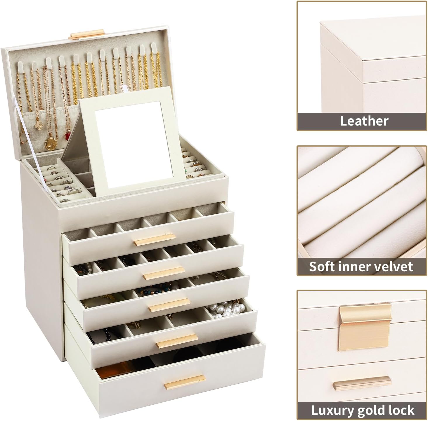 CARLA HOME 6-Layer Large Jewelry Organizer Box for Women with Mirror, Drawers, Hooks & Dividers for Rings, V178-36229