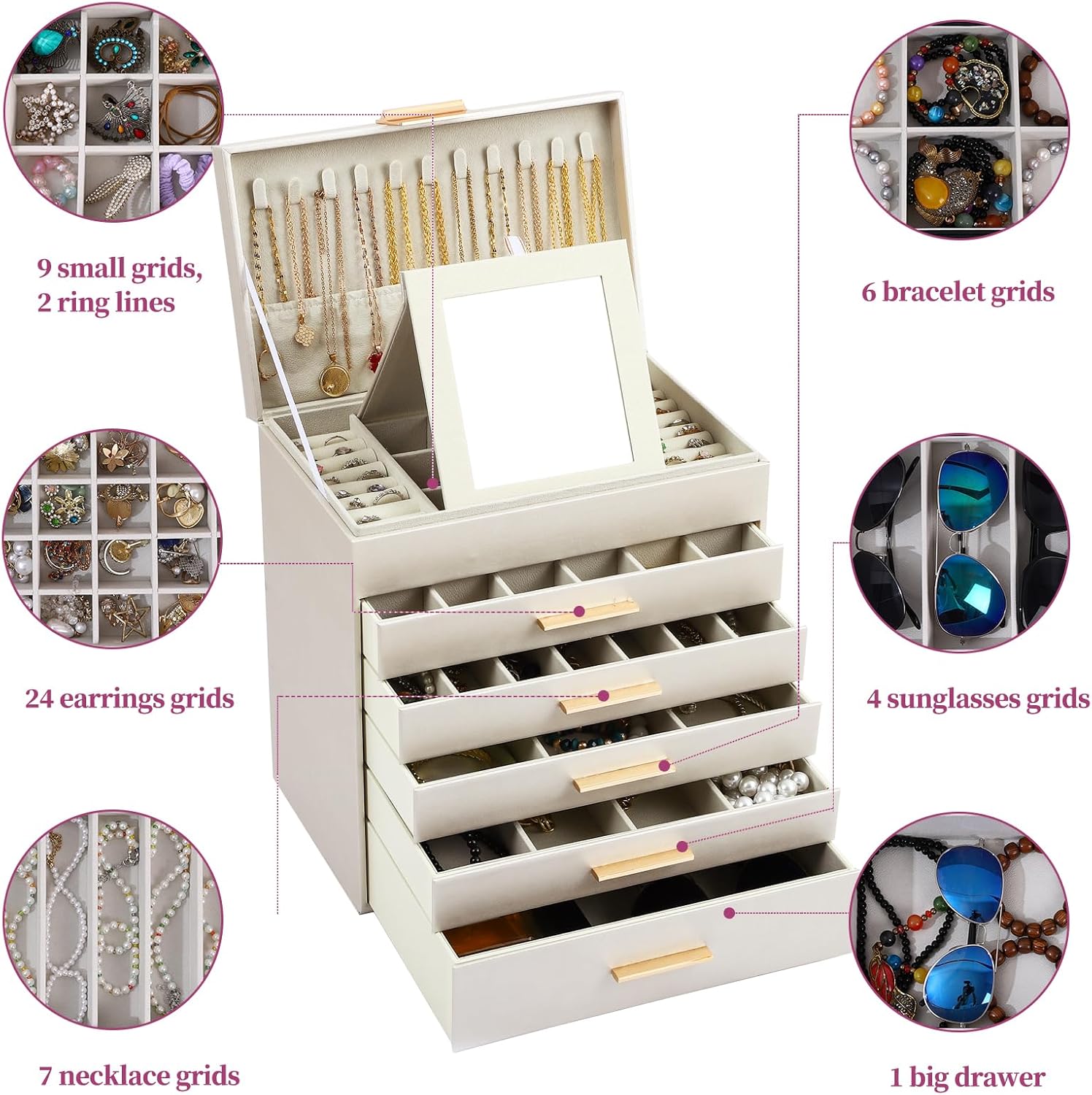 CARLA HOME 6-Layer Large Jewelry Organizer Box for Women with Mirror, Drawers, Hooks & Dividers for Rings, V178-36229