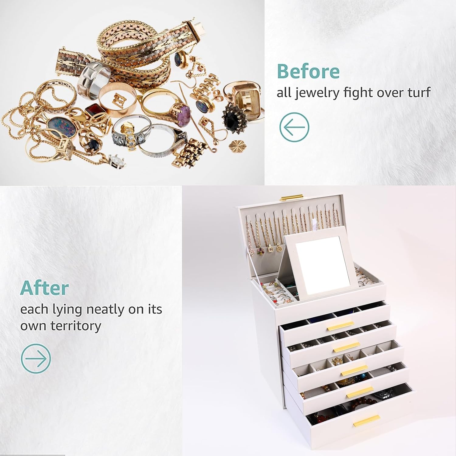 CARLA HOME 6-Layer Large Jewelry Organizer Box for Women with Mirror, Drawers, Hooks & Dividers for Rings, V178-36229