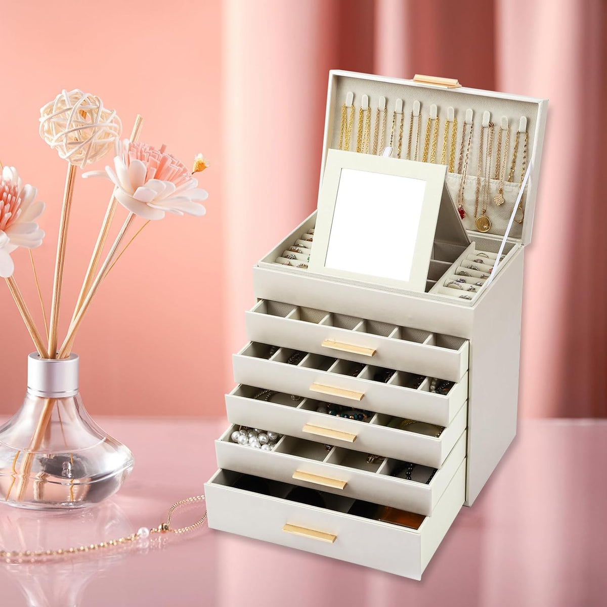 CARLA HOME 6-Layer Large Jewelry Organizer Box for Women with Mirror, Drawers, Hooks & Dividers for Rings, V178-36229