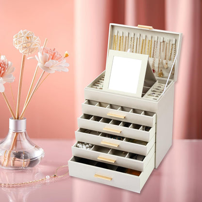 CARLA HOME 6-Layer Large Jewelry Organizer Box for Women with Mirror, Drawers, Hooks & Dividers for Rings, V178-36229