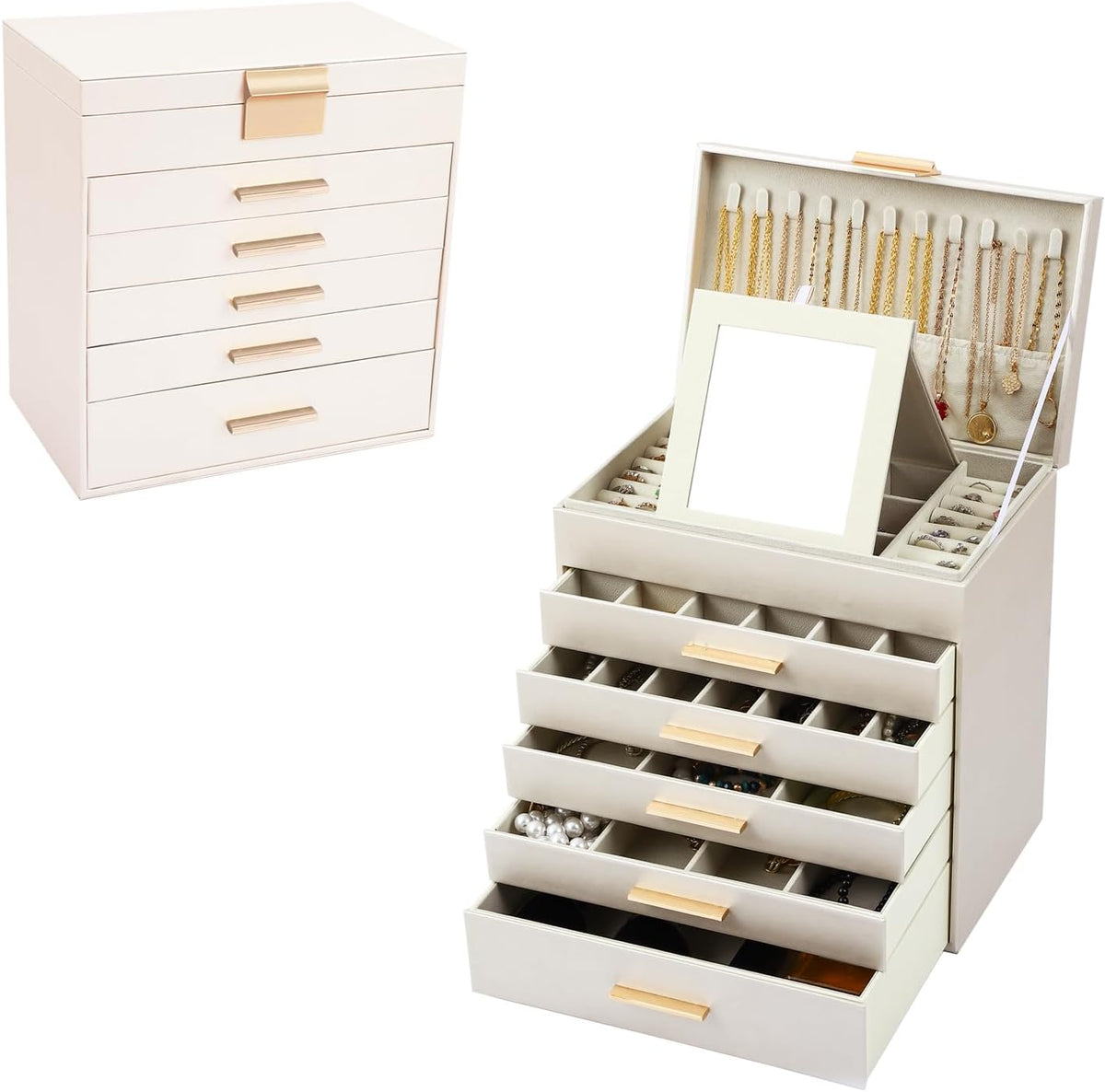 CARLA HOME 6-Layer Large Jewelry Organizer Box for Women with Mirror, Drawers, Hooks & Dividers for Rings, V178-36229
