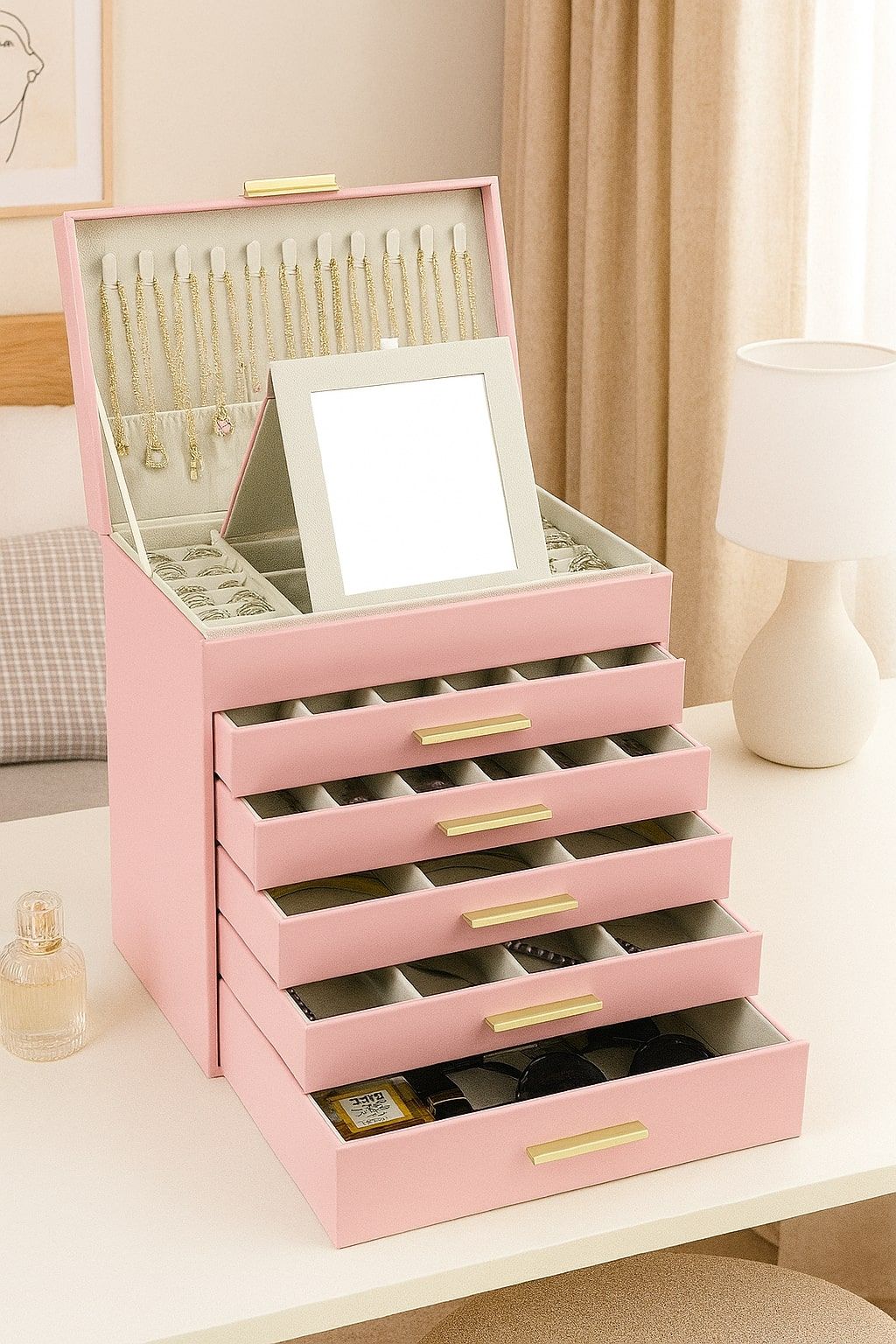 CARLA HOME 6-Layer Large Jewelry Organizer Box for Women with Mirror, Drawers, Hooks & Dividers for Rings, V178-36230