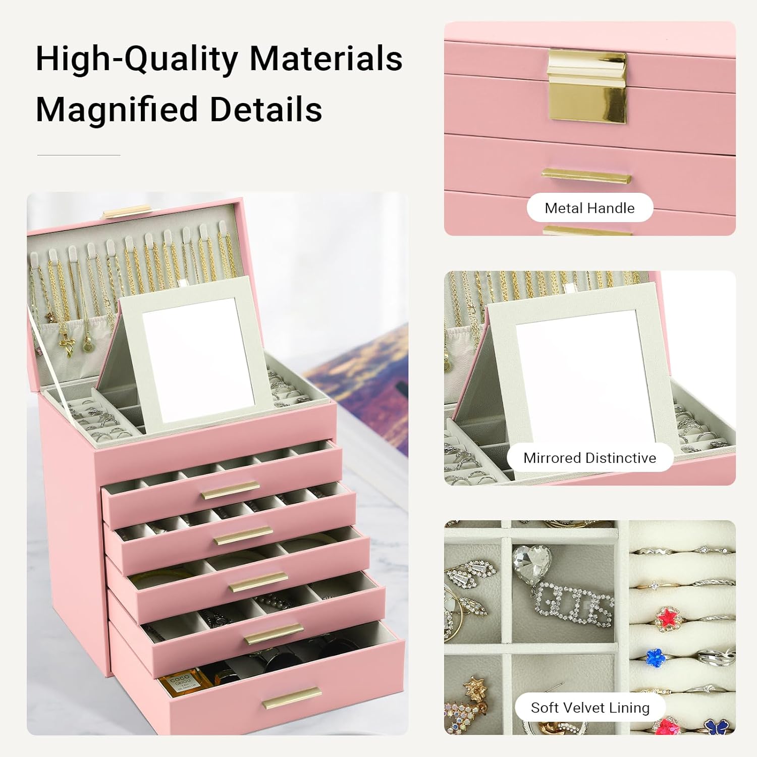 CARLA HOME 6-Layer Large Jewelry Organizer Box for Women with Mirror, Drawers, Hooks & Dividers for Rings, V178-36230