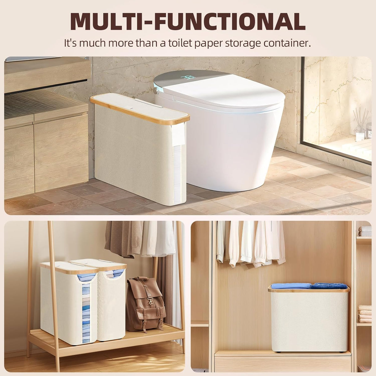 CARLA HOME 2 Pack Toilet Paper Storage Basket Holds Up to 12 Rolls with Bamboo Lid and Handle for RV Closet V178-36238