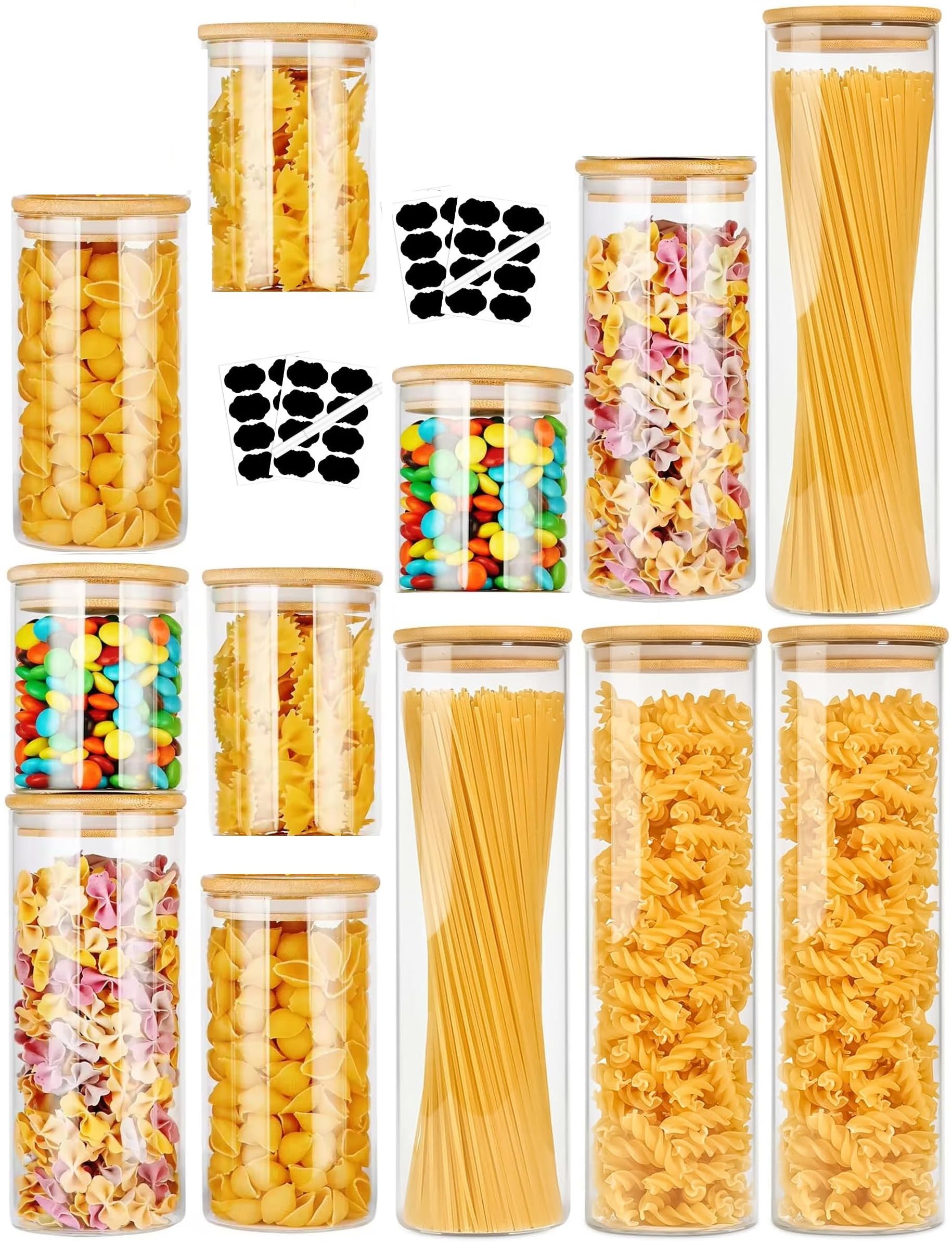 CARLA HOME 12 Pack Glass Storage Jars with Bamboo Lids for Kitchen Pantry, Pasta, Snacks, Cookies, Candy & V178-36241