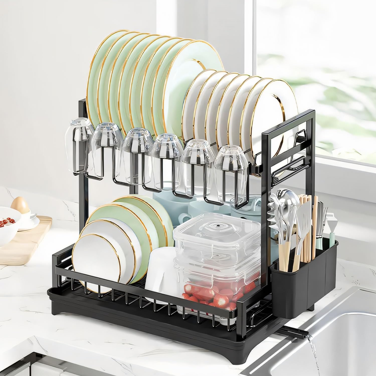 CARLA HOME Dish Drying Rack 2-Tier Kitchen Drainer with Drainboard V178-36245
