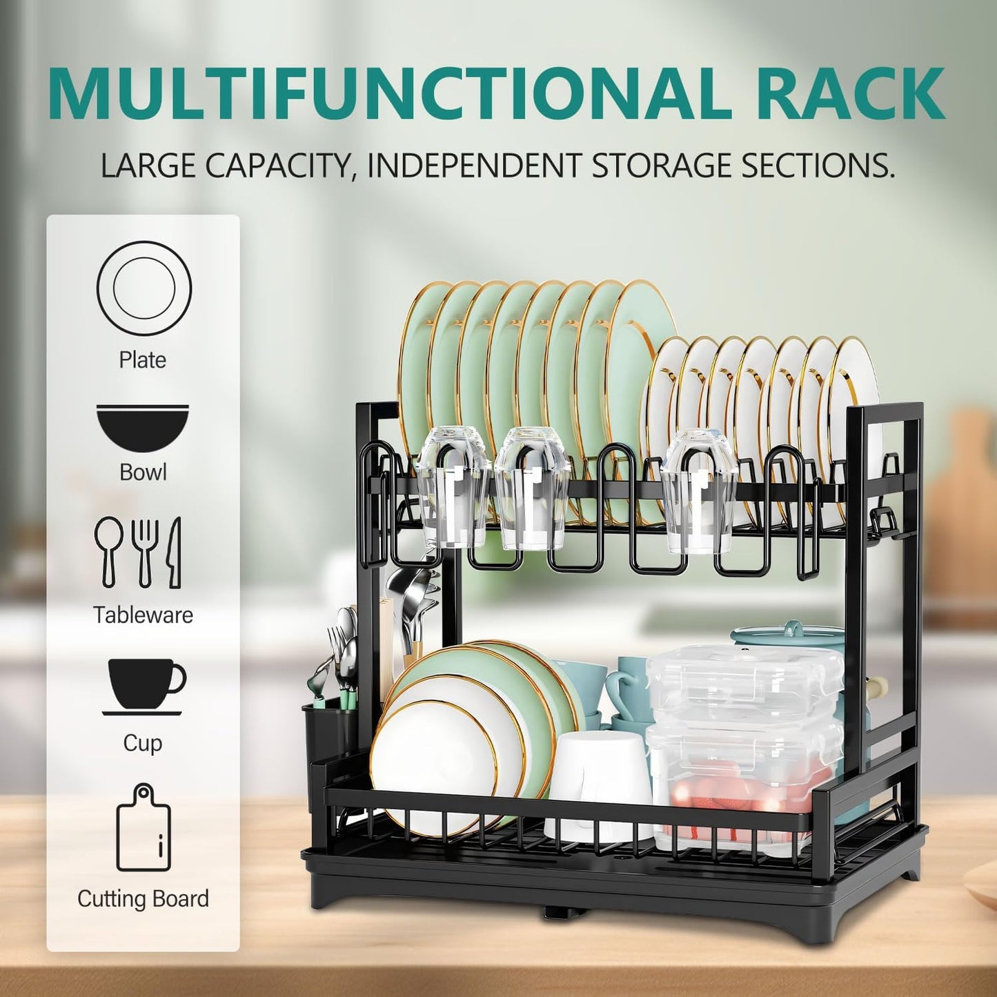 CARLA HOME Dish Drying Rack 2-Tier Kitchen Drainer with Drainboard V178-36245