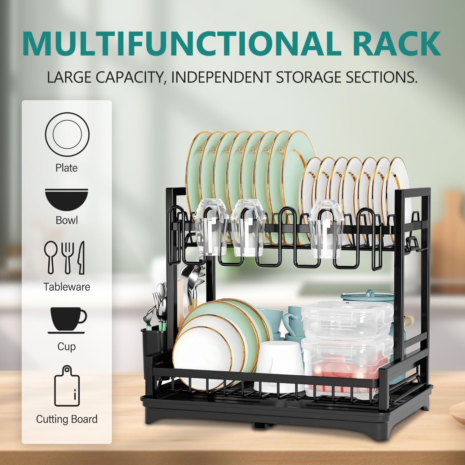 CARLA HOME Dish Drying Rack 2-Tier Kitchen Drainer with Drainboard V178-36245