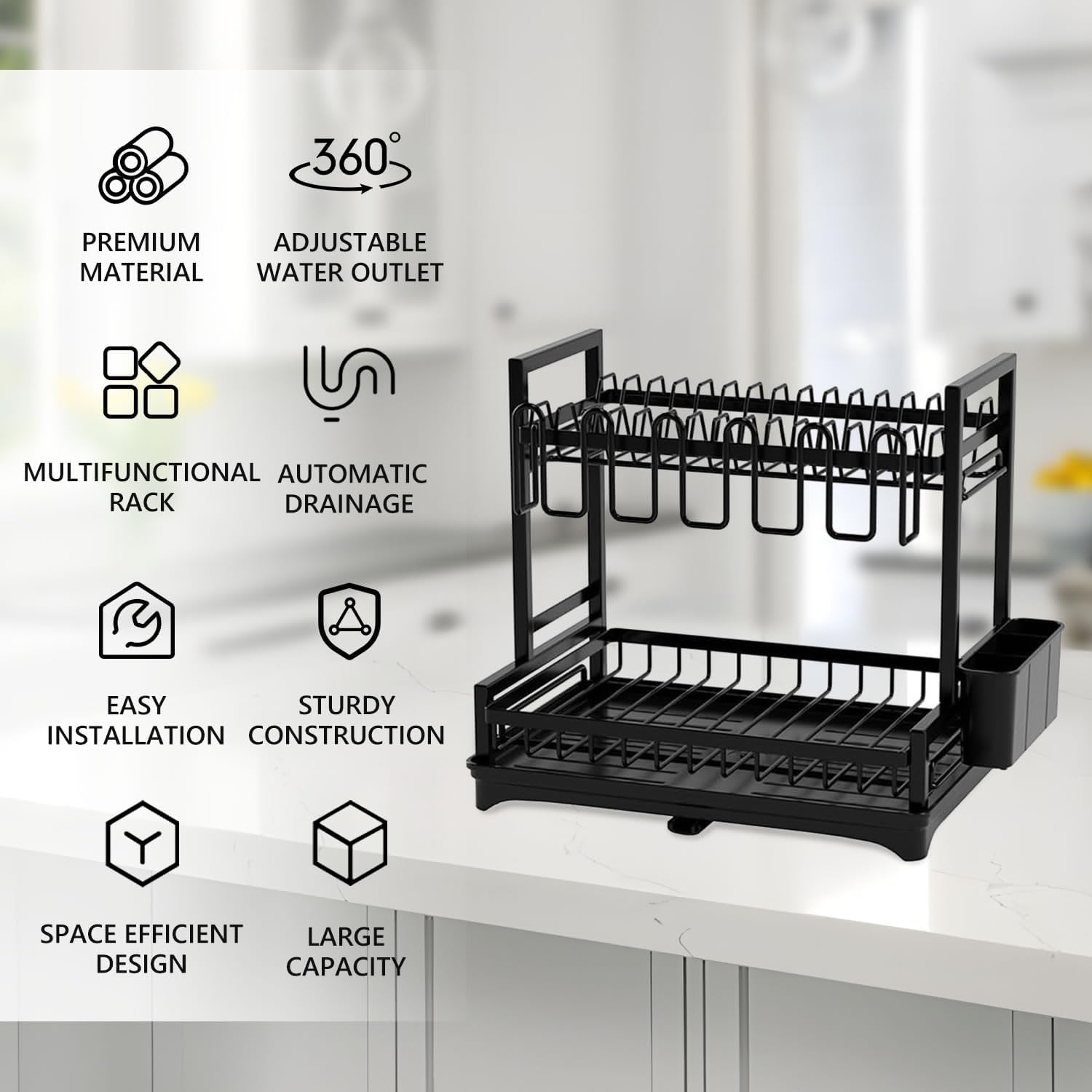 CARLA HOME Dish Drying Rack 2-Tier Kitchen Drainer with Drainboard V178-36245