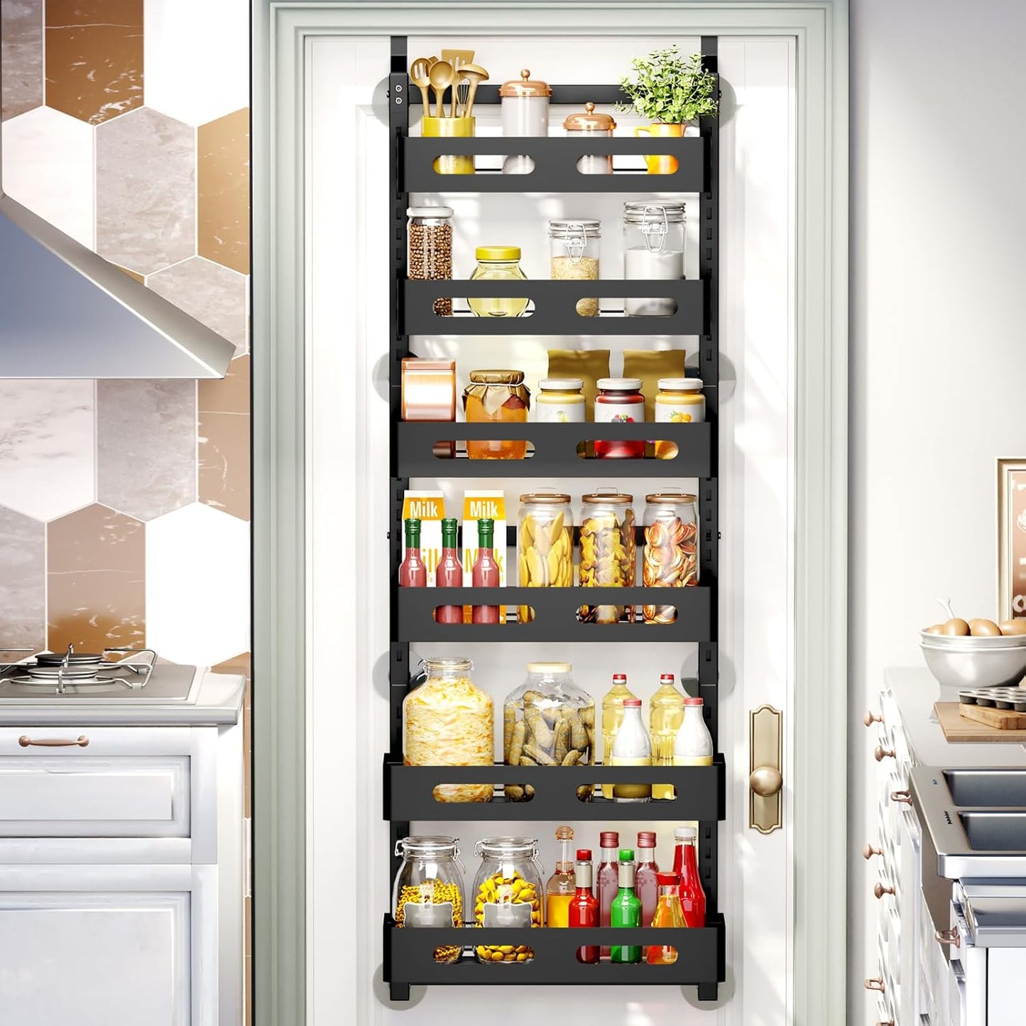 CARLA HOME 6 Tier Over the Door Organizer with Adjustable Metal Pantry Storage Rack and Hanging Baskets for V178-36247