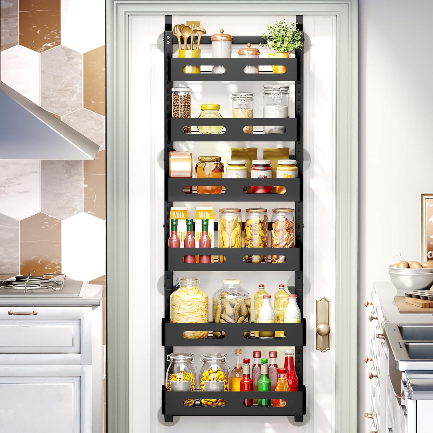 CARLA HOME 6 Tier Over the Door Organizer with Adjustable Metal Pantry Storage Rack and Hanging Baskets for V178-36247