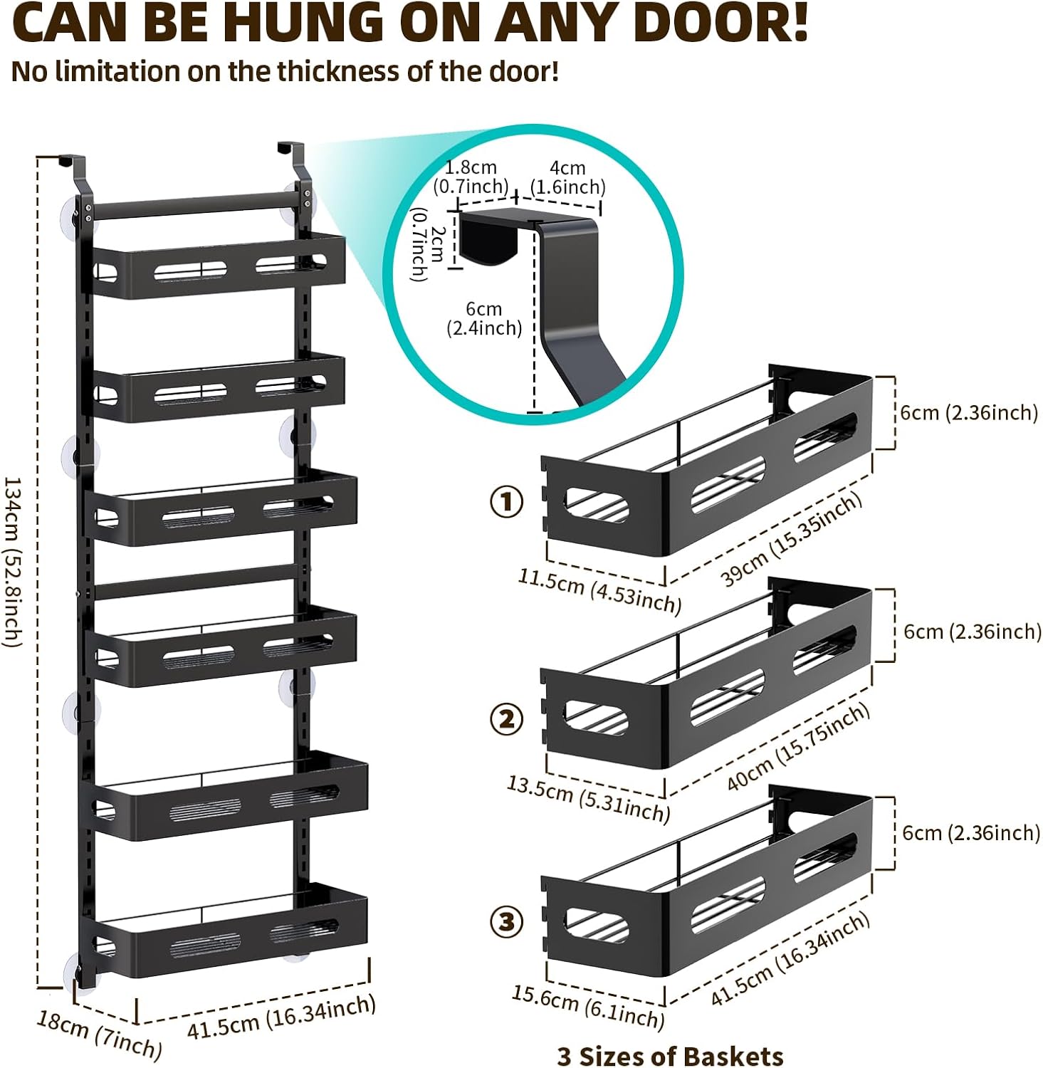 CARLA HOME 6 Tier Over the Door Organizer with Adjustable Metal Pantry Storage Rack and Hanging Baskets for V178-36247