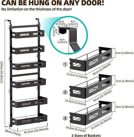 CARLA HOME 6 Tier Over the Door Organizer with Adjustable Metal Pantry Storage Rack and Hanging Baskets for V178-36247