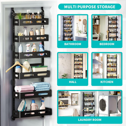 CARLA HOME 6 Tier Over the Door Organizer with Adjustable Metal Pantry Storage Rack and Hanging Baskets for V178-36247