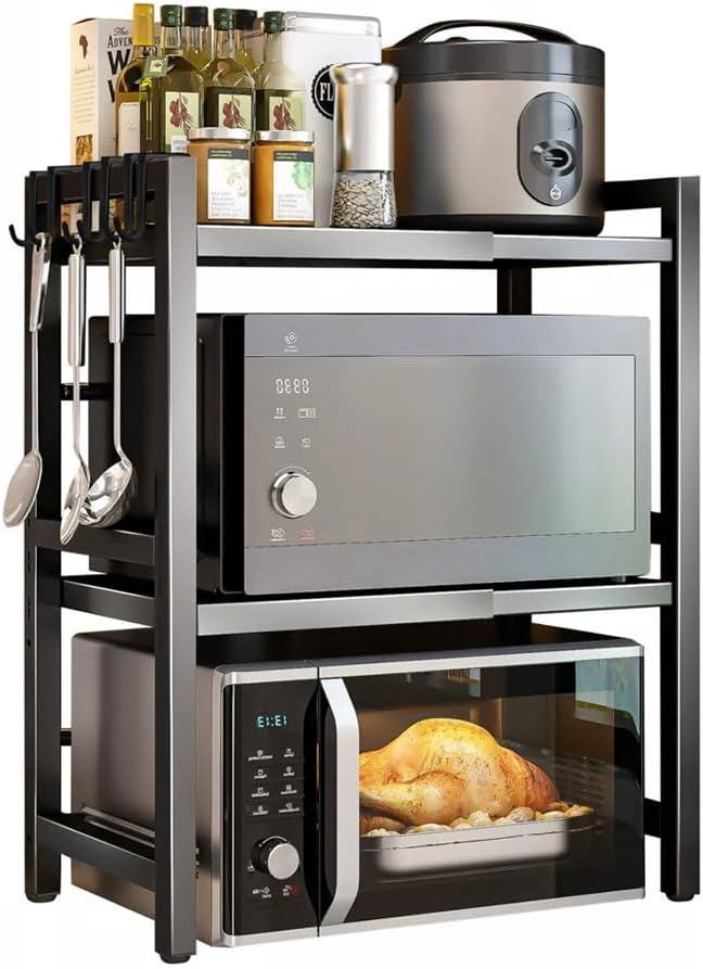 CARLA HOME 3-Tier Microwave Oven Rack with Adjustable Metal Kitchen Shelf Stand for Countertop Storage and 6 V178-36248