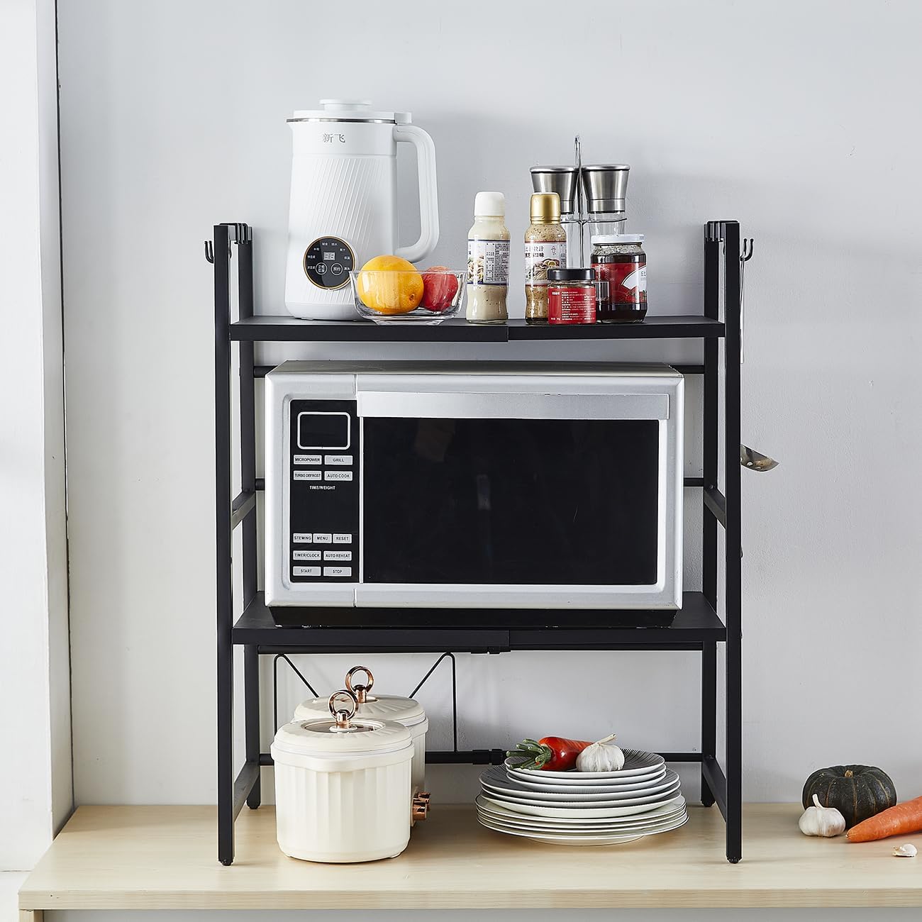 CARLA HOME 3-Tier Microwave Oven Rack with Adjustable Metal Kitchen Shelf Stand for Countertop Storage and 6 V178-36248