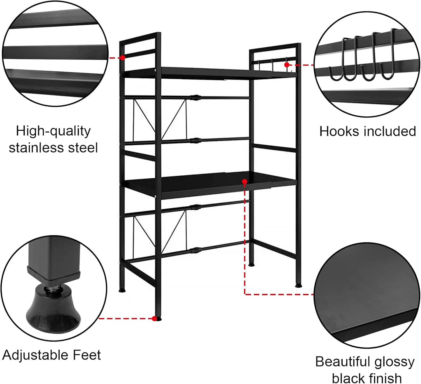 CARLA HOME 3-Tier Microwave Oven Rack with Adjustable Metal Kitchen Shelf Stand for Countertop Storage and 6 V178-36248