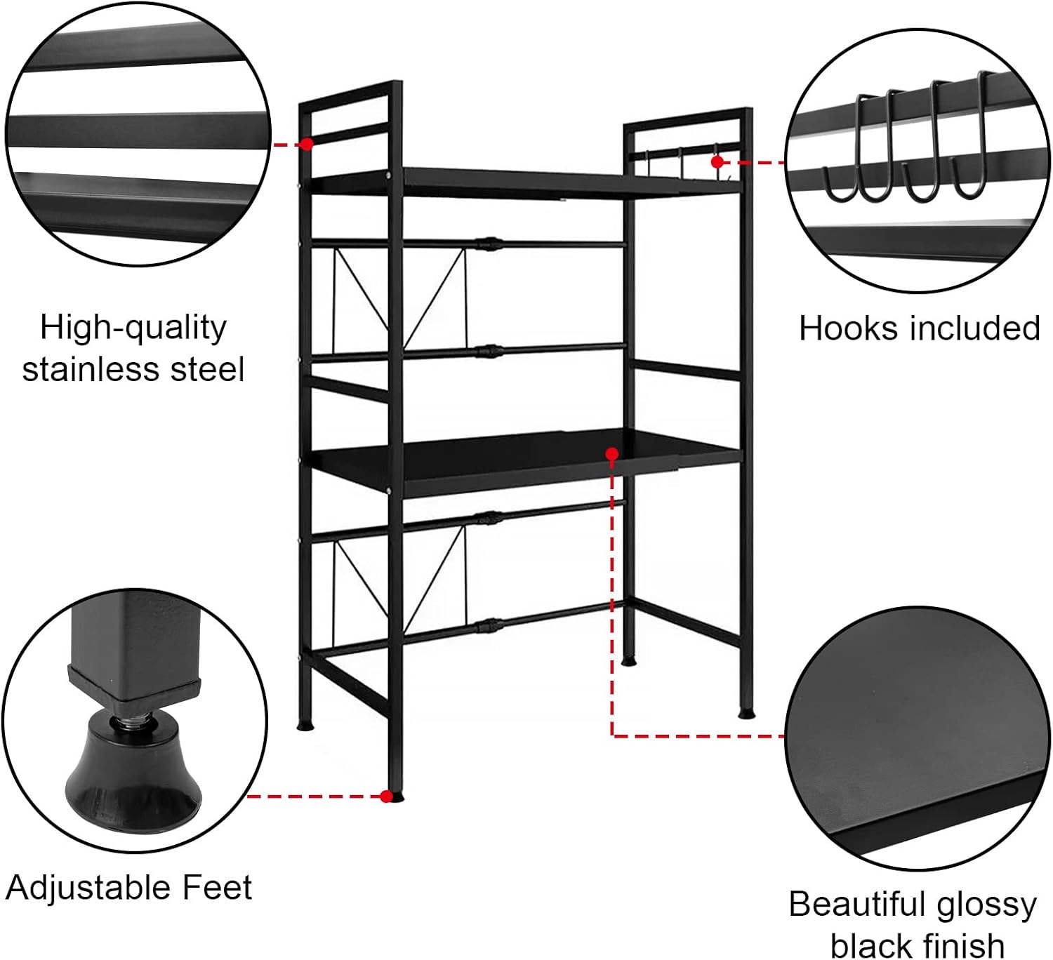 CARLA HOME 3-Tier Microwave Oven Rack with Adjustable Metal Kitchen Shelf Stand for Countertop Storage and 6 V178-36248