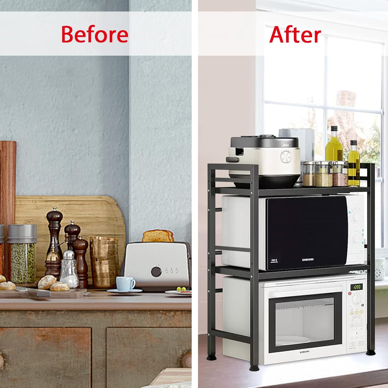 CARLA HOME 3-Tier Microwave Oven Rack with Adjustable Metal Kitchen Shelf Stand for Countertop Storage and 6 V178-36248