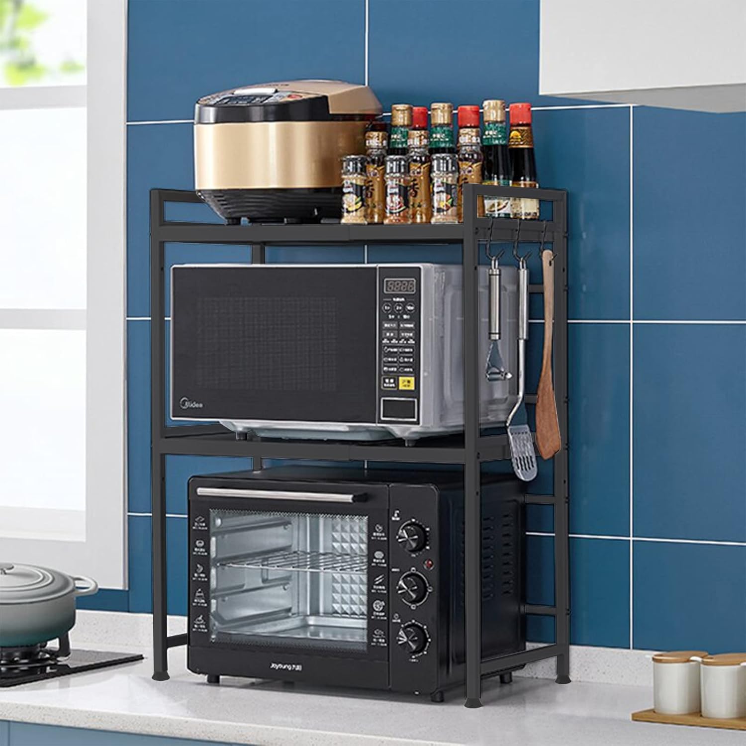 CARLA HOME 3-Tier Microwave Oven Rack with Adjustable Metal Kitchen Shelf Stand for Countertop Storage and 6 V178-36248