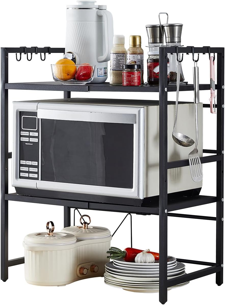 CARLA HOME 3-Tier Microwave Oven Rack with Adjustable Metal Kitchen Shelf Stand for Countertop Storage and 6 V178-36248