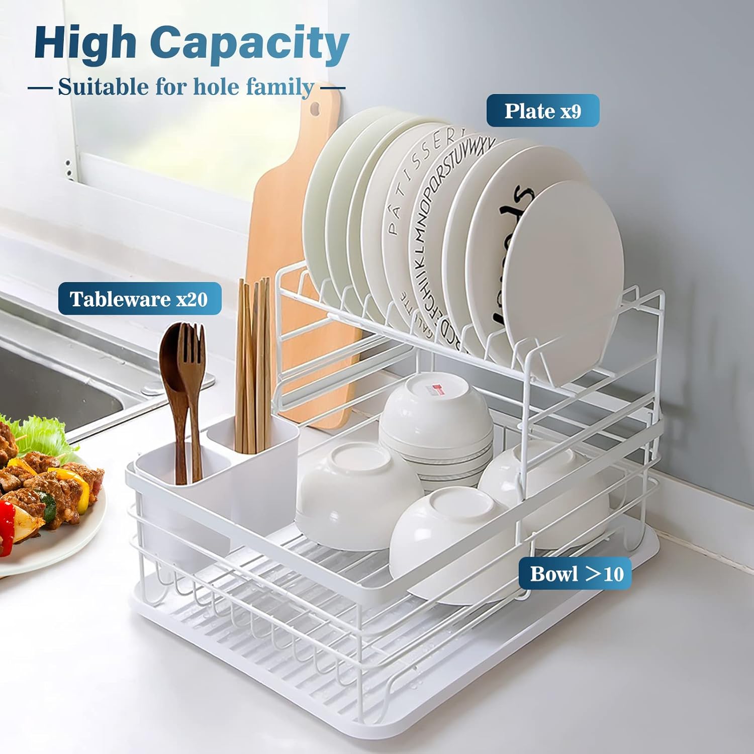 CARLA HOME 2-Tier Dish Drying Rack for Kitchen Counter with Removable Drip Tray, Utensil Holder and Cutlery V178-36249