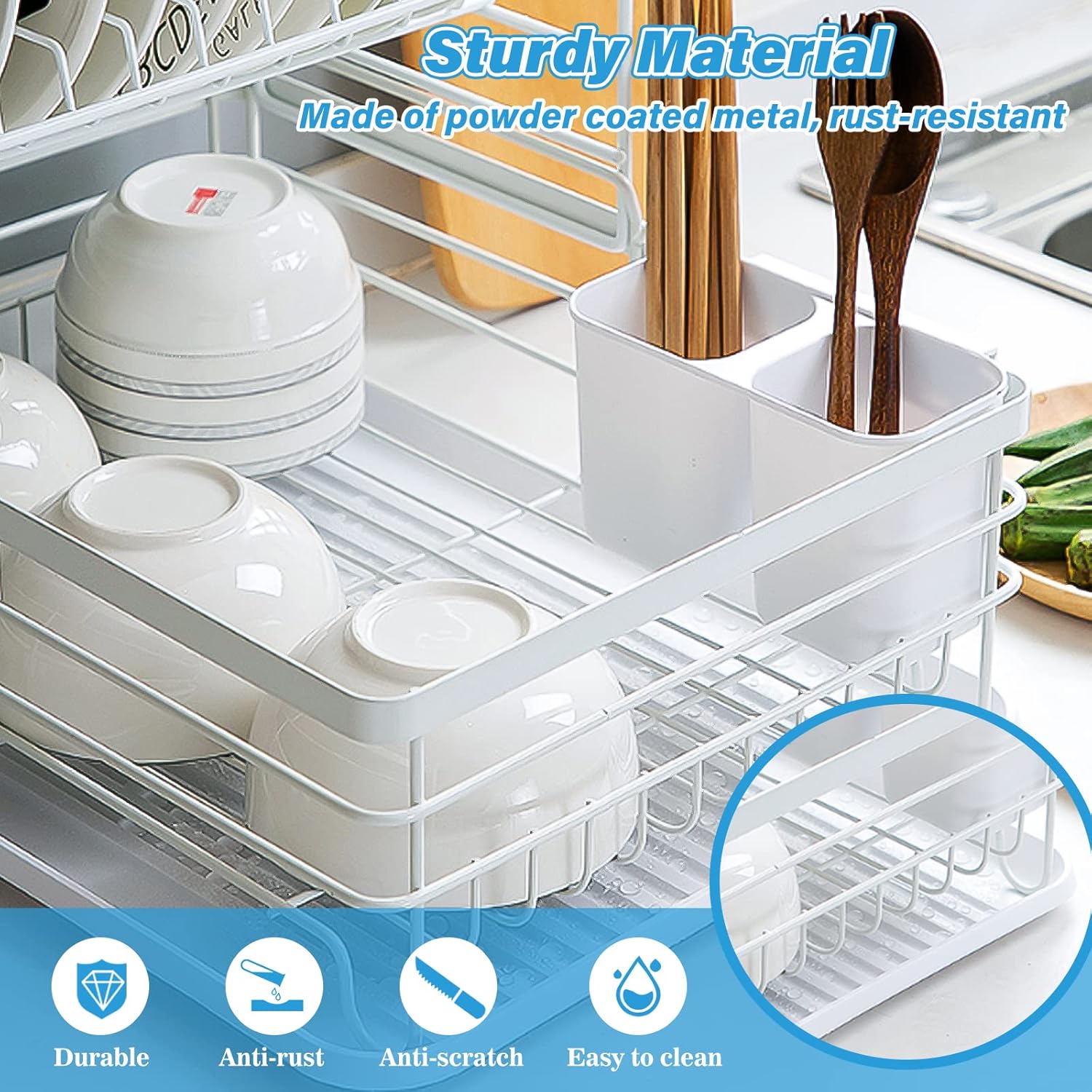 CARLA HOME 2-Tier Dish Drying Rack for Kitchen Counter with Removable Drip Tray, Utensil Holder and Cutlery V178-36249