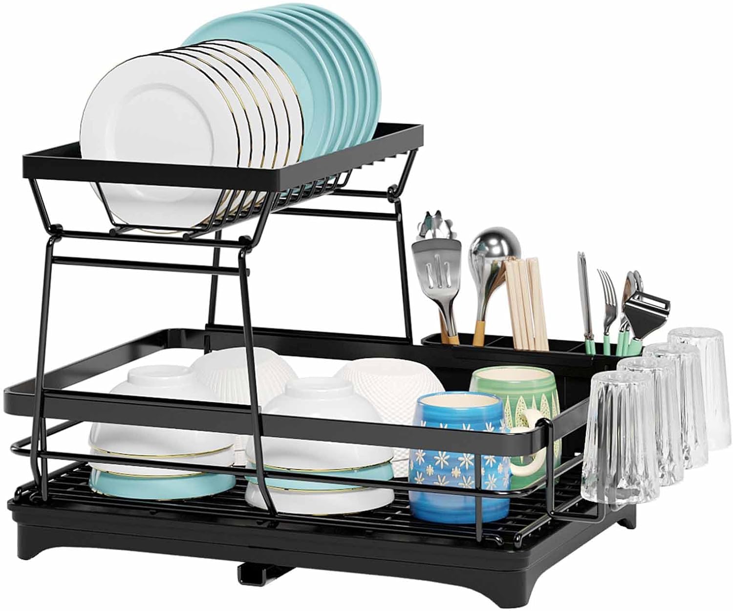 CARLA HOME 2-Tier Dish Drying Rack for Kitchen Counter with Drainboard, Utensil Holder, Cup Rack & Cutlery V178-36250