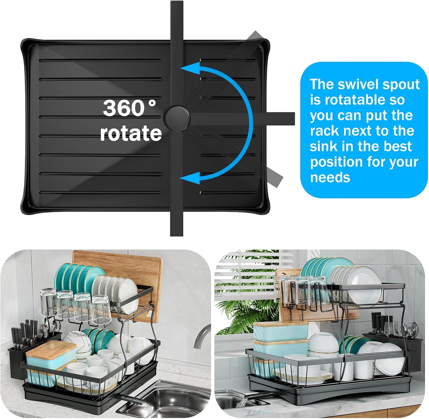 CARLA HOME 2-Tier Dish Drying Rack for Kitchen Counter with Drainboard, Utensil Holder, Cup Rack & Cutlery V178-36250