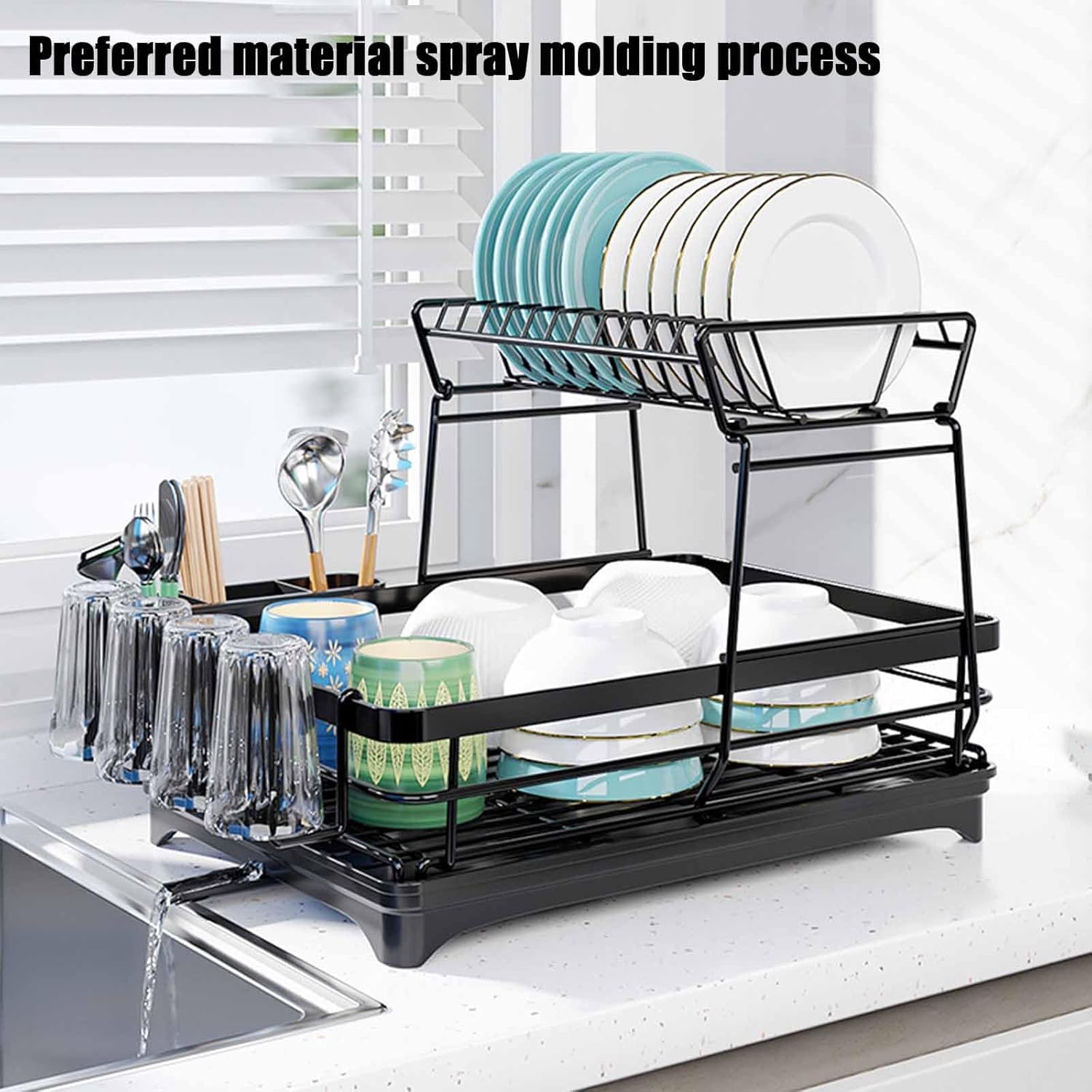 CARLA HOME 2-Tier Dish Drying Rack for Kitchen Counter with Drainboard, Utensil Holder, Cup Rack & Cutlery V178-36250